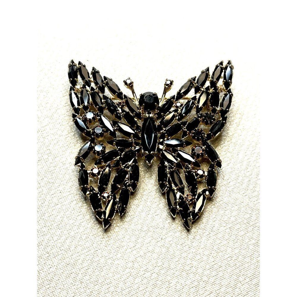 Vintage Eisenberg Ice Butterfly Brooch Black Rhinestone Signed RARE